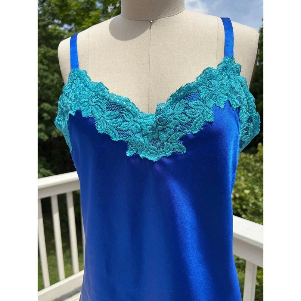 Vintage Satin Slip Dress Small Blue Turquoise Lace Trim Y2K Coquette Jones NY - Picture 2 of 10